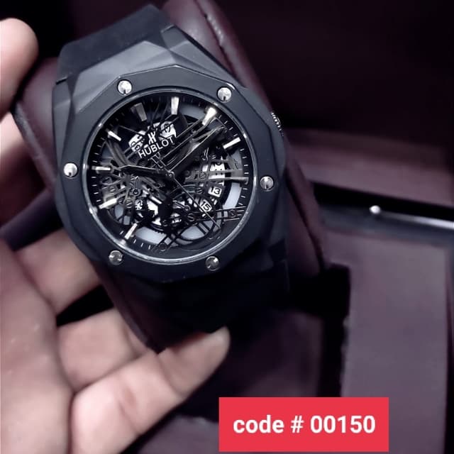 Hublot Diamond Cut Case Skeleton Dial Date Working Master Lock Strap Watch